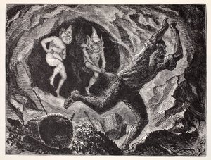 Gnomes Terrifying a Miner, fra The World Guide to Gnomes, Fairies, Elves and Other Little People af Thomas Keightley (1789-1872) Udgivet 1880 af American School