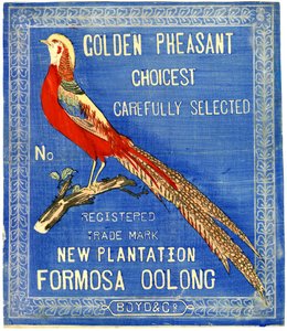 Golden Fasan Choicest Carefully Select, nr. Registreret varemærke New Plantation Formosa Oolong (blokprint (farvet blæk på papir med bagside)) af American School