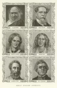 Store engelske romanforfattere, R Blackmore, Charles Dickens, Charlotte Bronte, George Eliot, Bulwer-Lytton, WM Thackeray af American School