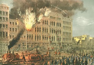 Great Fire on Lake Street, fra Chicago Illustrated, med litterære beskrivelser af James W. Sheahan, udgivet af Jevne & Almini, Chicago, 1866-67 af American School