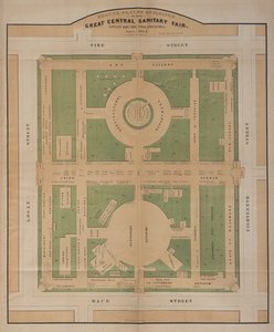 Grundplan over bygningerne til Great Central Sanitary Fair, Logan Square, juni 1864 (farvelitografi) af American School