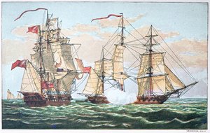 HMS Shannon vs den amerikanske Chesapeake i 1813 under krigen i 1812 (farve litho) af American School