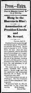 Overskrift, der annoncerer mordet på Abraham Lincoln (1809-65) og forsøg på attentat på William Seward (1801-72) fra Press Extra, 15. april, 1865 (tryk) af American School