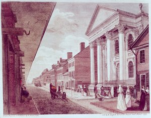 Hovedgade med den første presbyterianske kirke, Philadelphia, 1799 af American School