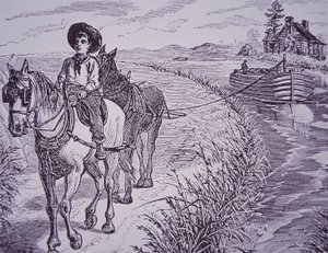 Heste trækker kanalbåd på slæbesti, Erie Canal (gravering) af American School