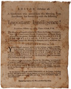 Vigtig intelligens! (meddeler Cornwallis overgivelse i Yorktown), lille bredside trykt af M. Willis, Boston, 26. oktober 1781 af American School