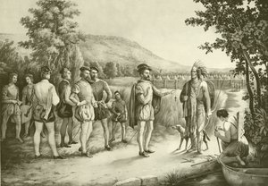 Jacques Cartier, hans første interview med indianerne ved Hochelaga nu Montreal i 1535, ca. 1850 af American School