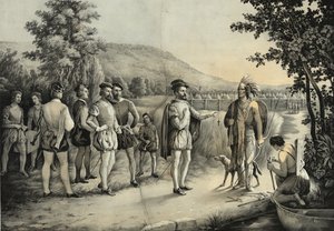 Jacques Cartier, hans første interview med indianerne ved Hochelaga nu Montreal i 1535, ca. 1850 af American School