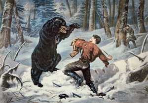 Jedediah Smith (1799-1831) bliver angrebet af en Grizzlybjørn, ca. 1861 (farve litho) af American School