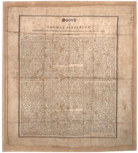Jeffersons første tiltrædelsestale, trykt af Pechin, Baltimore, 4. marts 1801 (litho på silke) af American School