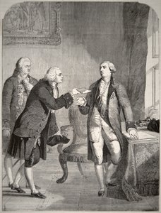 John Adams (1735-1826) som den første amerikanske ambassadør ved det engelske hof, der præsenterede sine akkreditiver til kong George III (1738-1820) (litografi) af American School