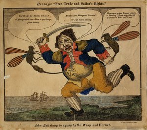 John Bull stukket til smerte af hvepsen og hornet, 1813 (håndfarvet reliefsnit)