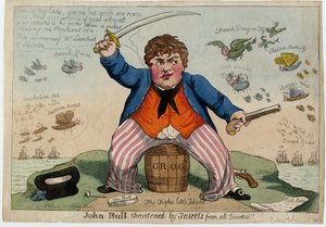 John Bull truet af insekter fra alle sider, ca. 1813 (håndfarvet radering)