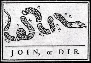Join or Die, tegning, betragter den første politiske tegneserie, offentliggjort i "Pennsylvania", Gazette af Benjamin Franklin i 1754. Den repræsenterer en slange opdelt i flere sektioner med legenden "" Join or Die"". Dette er en appel til det 13. amerika af American School