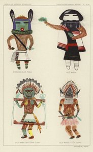 Kwacus Alek Taka, Alo Mana, gammel maske (Katcina-klanen), gammel maske (Tcua-klanen) (farvelitografi) af American School
