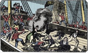 Piratherren Jean Lafittes død (1780-1826), indgravering af "Piratens egen bog" 1837. af American School