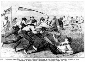 Lacrosse spillet af Dominion Club of Montreal på Capitoline Grounds, Brooklyn, fra en tegning i Frank Leslies Illustrated Newspaper af American School
