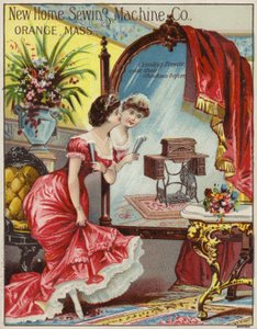 Lady beundrende refleksion af symaskine i spejl