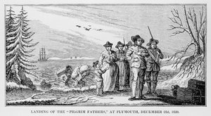 Pilgrimsfædrenes landing i Plymouth på Cape Cod, Massachusetts, 22. december 1620, trykt i History and Antiquity of New England, New York... 1842 af American School