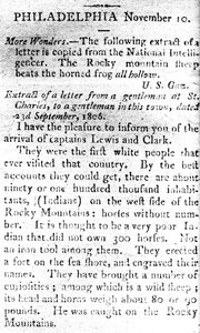 Brev, der annoncerer ankomsten af kaptajnerne Lewis og Clark, fra The Boston Intelligencer, 19. november 1806 (print) af American School