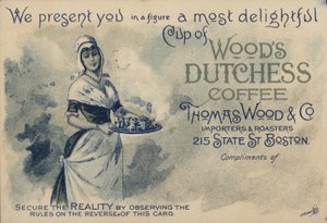 Tjenestepige serverer kaffe, reklame for Woods Duchess Coffee, Boston