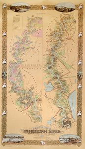 Kort, der viser plantager ved Mississippi-floden fra Natchez til New Orleans, 1858