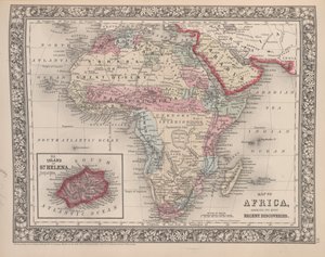 Kort over Afrika, der viser dets seneste opdagelser med øen St. Helena indsat fra Mitchells nye generelle atlas, 1863 (farvegravering)