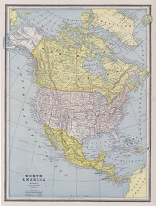 Kort over Nordamerika (farvet gravering) af American School