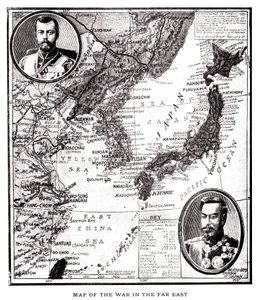 Kort over det østlige Rusland, Korea og Japan under den japansk-russiske konflikt (1904-1905). I medaljon, tsar Nikolaj II af Rusland (1868-1918) og kejser Meiji af Japan (1852-1912). Illustration, i "Rusland og Japan og en fuldstændig historie om krigen i af American School