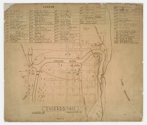 Kort over historiske huse og steder i Chicago, Illinois, ca. 1835 af American School