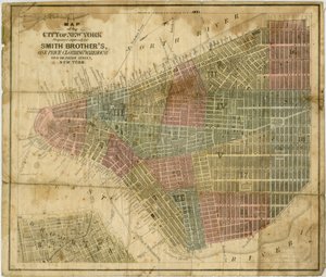 Kort over byen New York: udarbejdet eksklusivt til Smith Brothers, tøjlager til én pris... udarbejdet af J.H. Colton & Co., 1854-1869 (sort og farvet blæk på papir) af American School