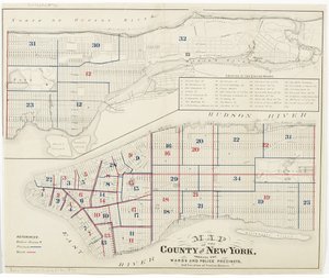 Kort over New Yorks amt, der viser afdelingerne og politidistrikterne og placeringen af stationshuse., 1870 (blæk på papir) af American School