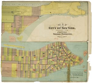 Kort over byen New York, der viser dens politiske opdelinger og underafdelinger af American School