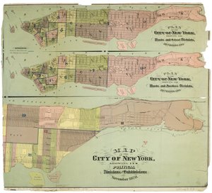 Kort over byen New York, der viser dens politiske opdelinger og underafdelinger af American School
