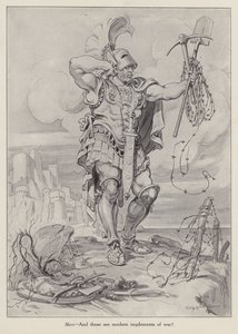 Mars, den romerske krigsgud, holder skovle og pigtråd, der bruges i skyttegravskrig (litografi) af American School