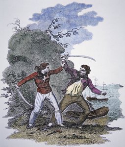 Mary Read kæmper mod en anden pirat for at redde sin mandlige elskers liv (farvet indgravering) af American School