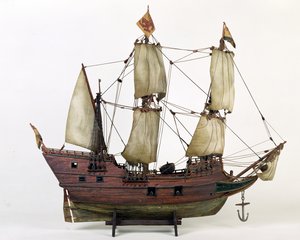 Model af den halve måne, Henry Hudsons skib, 1825-1900 (træ, lærred, metal, maling, snor)