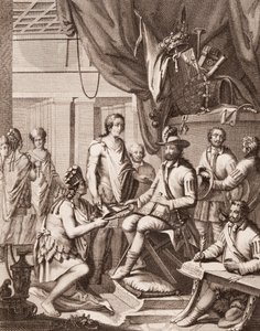 Montezuma overdrager sit imperium til kongen af Spanien, giver ham en hyldest og lover hans lydighed, fra Antonio de Solis y Rivadeneira Solis Historien om erobringen af Mexico, indgraveret af Ximeno af American School