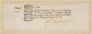 Mountain Road Lottery Ticket, underskrevet af George Washington (1732-99) 1768 (blæk på papir) af American School