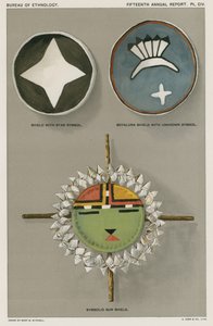 Native American skjolde - skjold med stjernesymbol, Soyaluna skjold med ukendt symbol, symbolsk solskjold af American School
