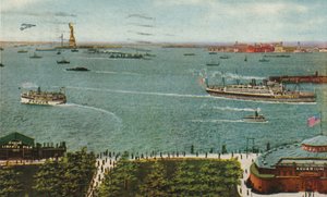 New York Harbor fra batteriet, der viser Frihedsgudinden og Ellis Island, ca. 1910 af American School