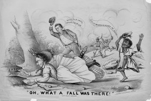 Åh, hvilket fald var der!, udgivet af J. Mayer & Co. Lith, Boston, ca. 1865 af American School