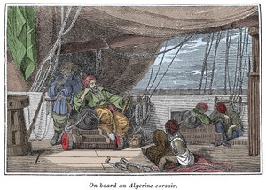 Om bord på et skib af algeriske pirater Illustration fra "The Pirates Own Book, autentiske fortællinger om de mest berømte sørøvere"" af Charles Ellms, Boston 1837 af American School