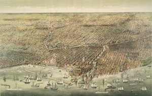 Panoramaudsigt over byen Chicago, pub. 1892 (farvelitografi) af American School