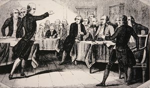 Patrick Henry før Virginia-forsamlingen i marts 1775 (litho) af American School
