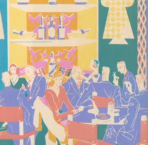 Lånere ved borde i en art deco jazzklub af American School