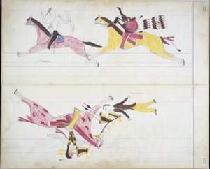 Pawnee jaget af Cheyenne og en hvid mand dræbt af Crooked Lance, illustration fra 