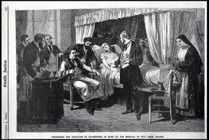 Udførelse af operationen af transfusion af blod på Hospital of Pity, Paris, Frankrig, illustration fra den amerikanske videnskabsmand af American School
