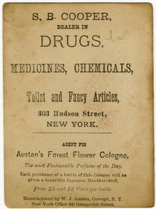 Parfumeret med Austens Forest Flower Cologne; S.B, Cooper, forhandler af stoffer? [trade card verso] (print) af American School