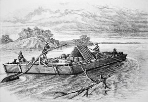 Pioneer fladbåd på Mississippi-floden, ca. 1840 (gravering) af American School